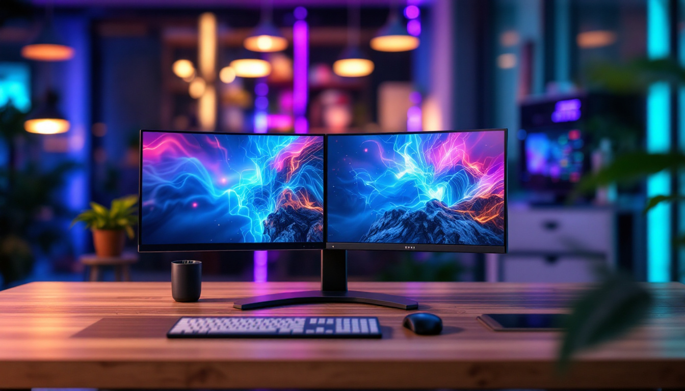 A photograph of capture a photograph of a sleek quad monitor stand in a modern workspace