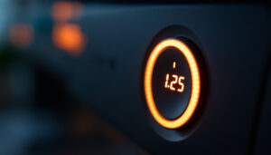 A photograph of a close-up shot of an hp monitor's power button illuminated