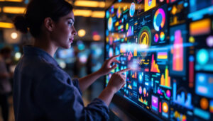 A photograph of a vibrant interactive touch display showcasing colorful graphics and user engagement