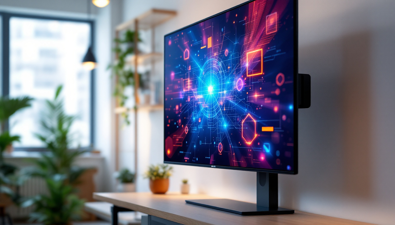 A photograph of a large touch screen monitor displaying vibrant