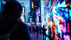 A photograph of a vibrant led display in an urban setting