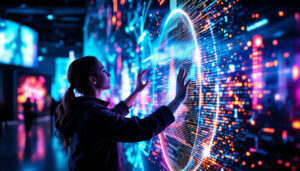 A photograph of a person engaging with a large led display from various distances