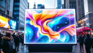 A photograph of a transparent led screen in an urban environment