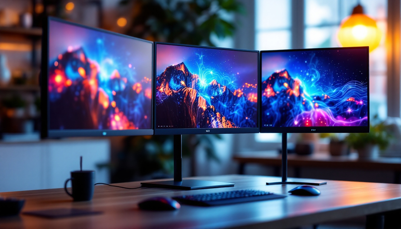 A photograph of capture a photograph of a sleek triple monitor stand with three led displays