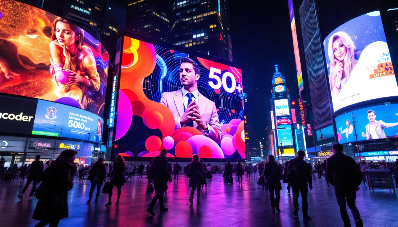 A photograph of a vibrant led display in a busy urban environment