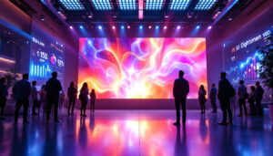 A photograph of a vibrant led display in a dynamic setting