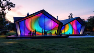 A photograph of a modern folding house with its led display illuminated at dusk