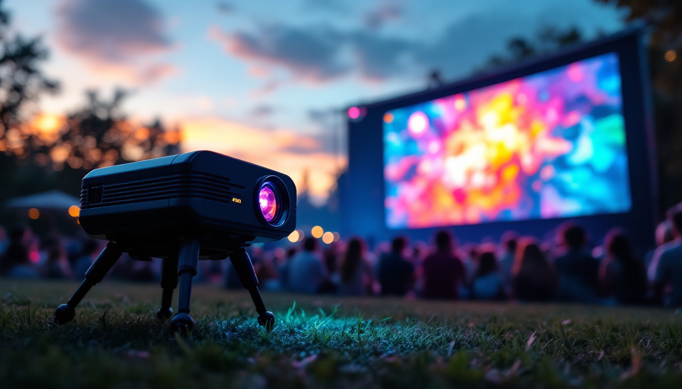 A photograph of a vibrant outdoor scene featuring a portable led projector in use