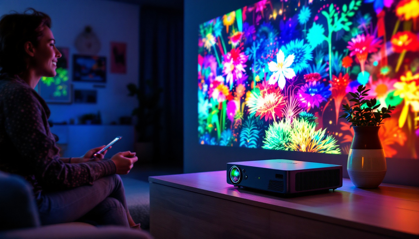 A photograph of a vibrant led projector in use