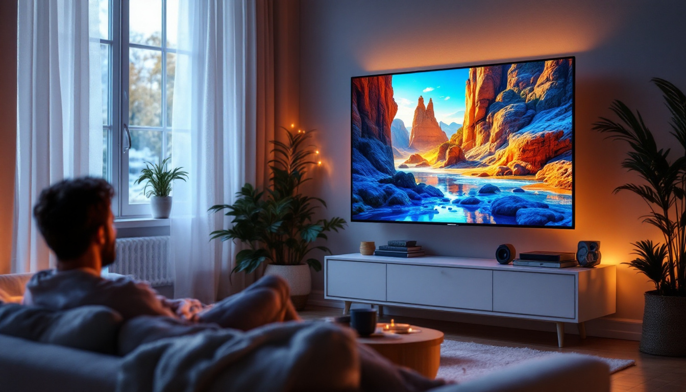 A photograph of a cozy living room setting featuring a 75-inch led tv