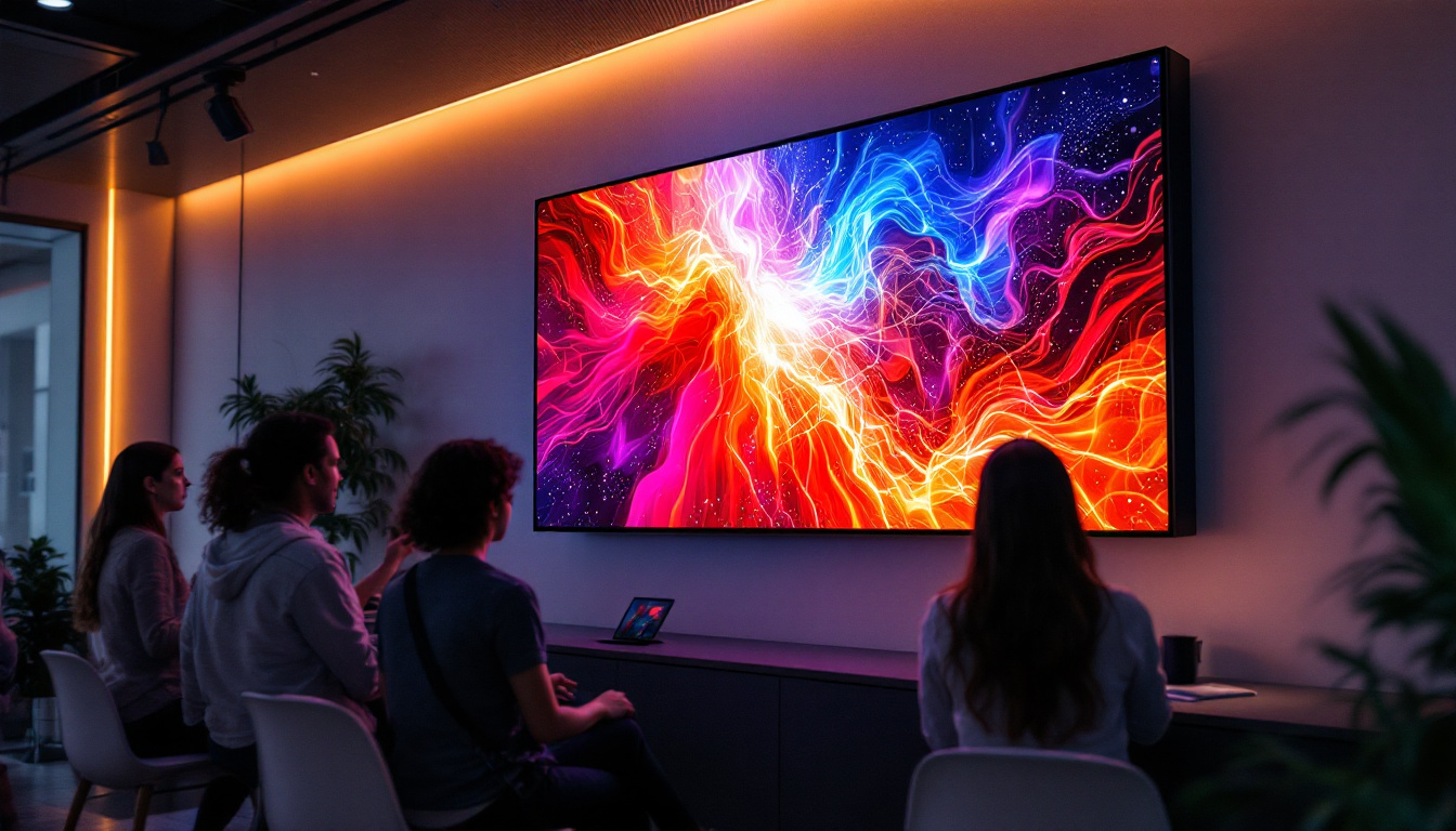 A photograph of a vibrant led display mounted on a wall