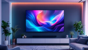 A photograph of a vibrant entertainment wall featuring a large led display in a modern living space