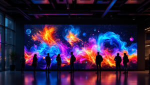 A photograph of a vibrant led display showcasing a dynamic and colorful image on a wall