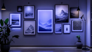 A photograph of a stylishly arranged wall featuring various framed pictures