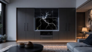 A photograph of a stylish premium cabinet featuring an integrated led display
