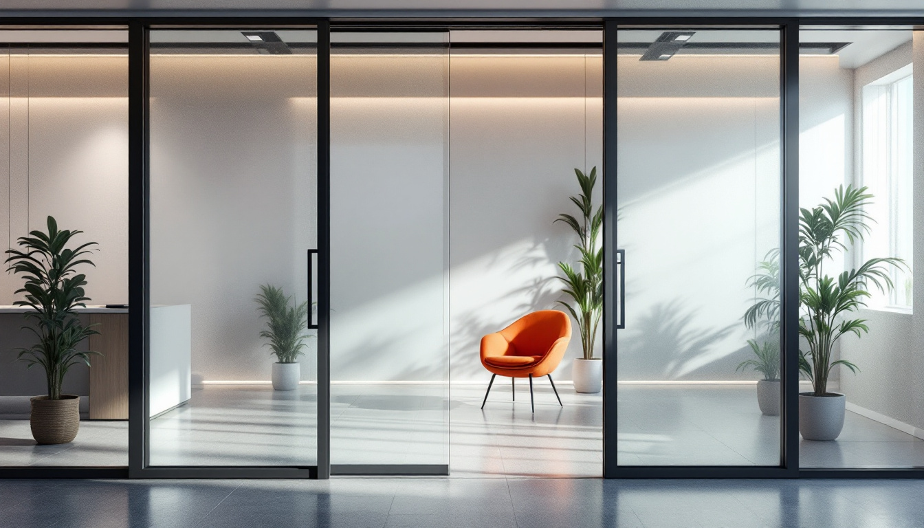 A photograph of a modern indoor space featuring privacy panels with integrated led displays