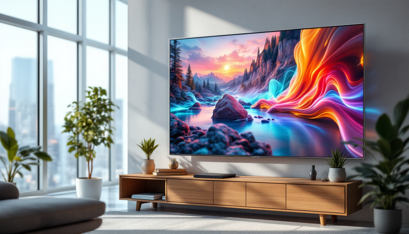 A photograph of a vibrant digital signage display on a modern smart tv in a dynamic setting