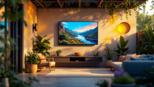 A photograph of a vibrant outdoor setup featuring a weatherproof led tv mounted on a patio wall