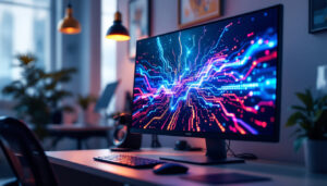 A photograph of a sleek monitor screen displaying a vibrant led graphic
