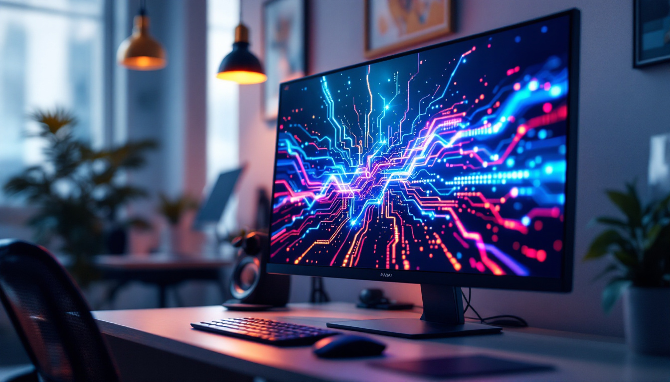 A photograph of a sleek monitor screen displaying a vibrant led graphic