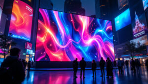A photograph of a vibrant led display in an urban setting