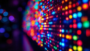 A photograph of a close-up shot of a vibrant led display showcasing dynamic colors and patterns