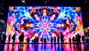 A photograph of capture a photograph of a vibrant led display in an urban setting