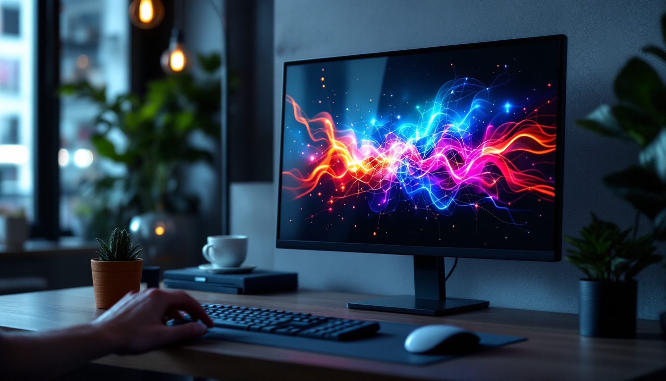 A photograph of a sleek 24-inch touch screen computer monitor displaying vibrant led visuals
