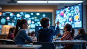 A photograph of a vibrant classroom scene where students are actively engaging with an interactive led display