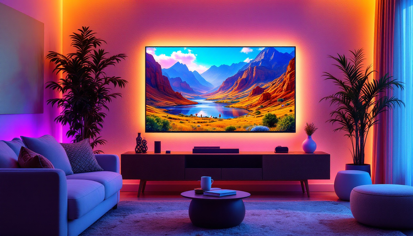 A photograph of a vibrant living room scene featuring a sleek plasma tv displaying a high-definition led image