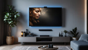 A photograph of a modern living room setting featuring a wall-mounted led tv