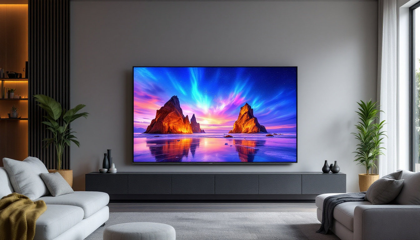 A photograph of a vibrant floor model big screen led tv displaying a visually stunning image
