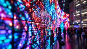 A photograph of a vibrant and dynamic lattice wall led display in action