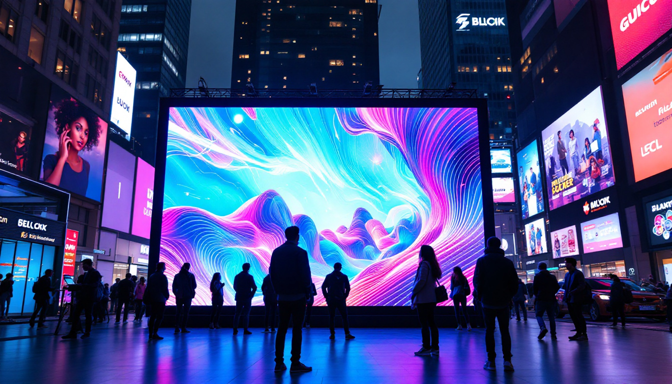 A photograph of a vibrant led display in a bustling urban setting