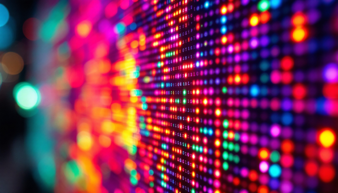 A photograph of a close-up of a vibrant led display