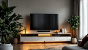 A photograph of a stylish corner tv stand featuring a modern flat-screen led display