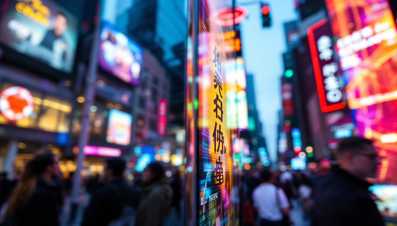 A photograph of a vibrant led display in a busy urban setting