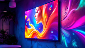 A photograph of a vibrant led display projecting an image onto a textured wall