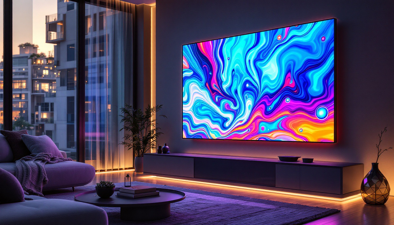 A photograph of a vibrant smart led panel displaying dynamic visuals in a modern setting