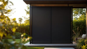 A photograph of a stylish outdoor privacy screen featuring an integrated led display