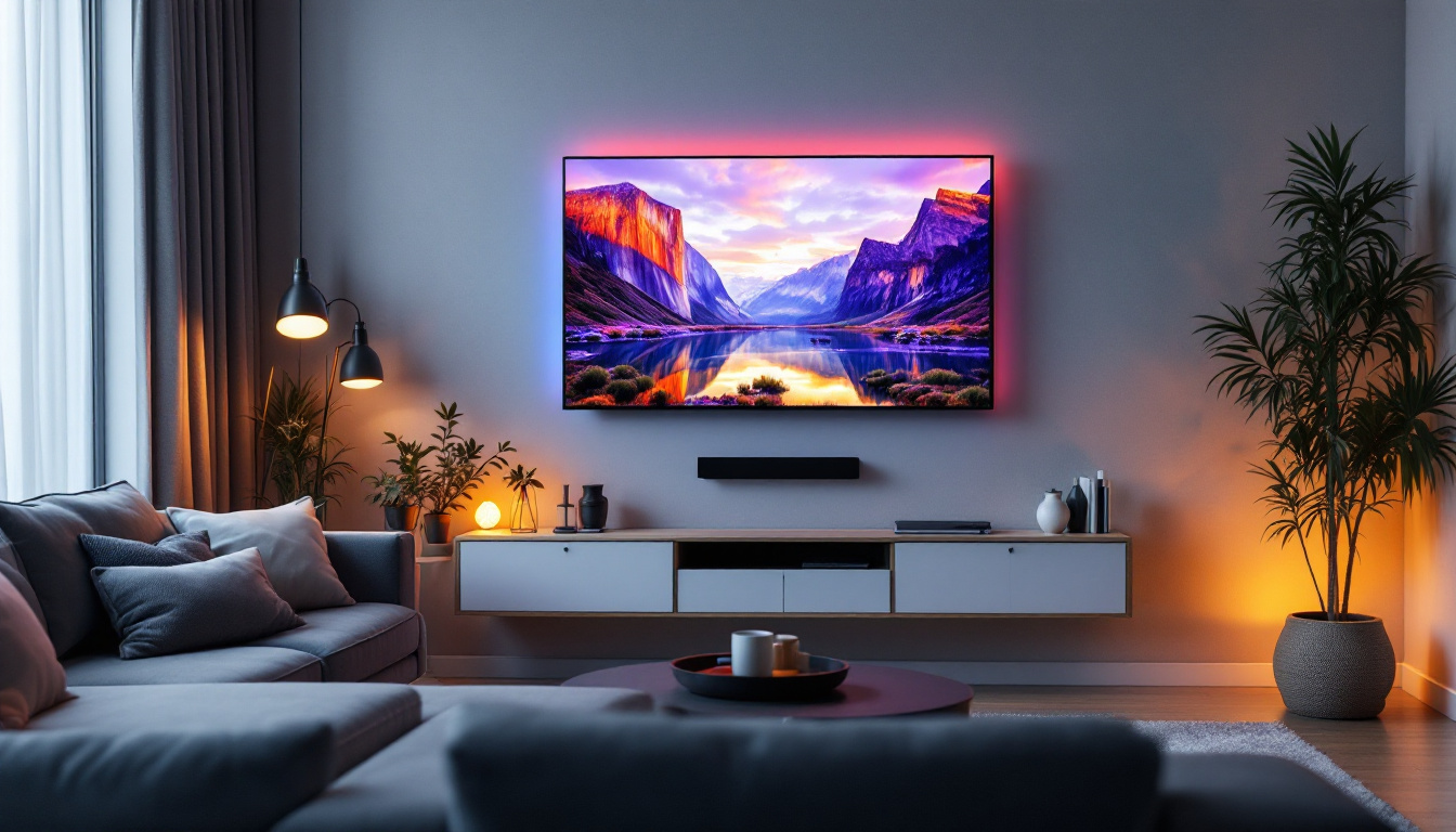 A photograph of a stylish living room setup featuring a wall-mounted led tv at an optimal height