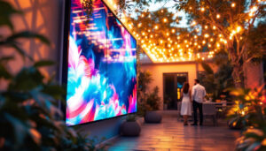 A photograph of a vibrant outdoor setting featuring a lattice screen panel with an integrated led display showcasing dynamic visuals