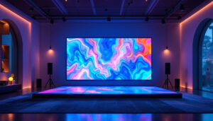 A photograph of a floor-mounted projector screen in a modern setting