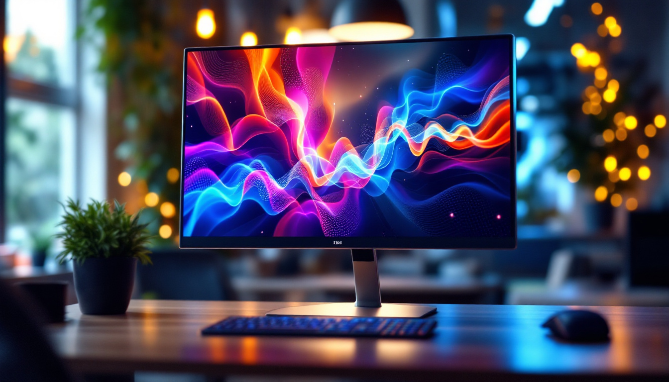 A photograph of a sleek led computer monitor displaying vibrant colors and sharp graphics in a modern workspace setting
