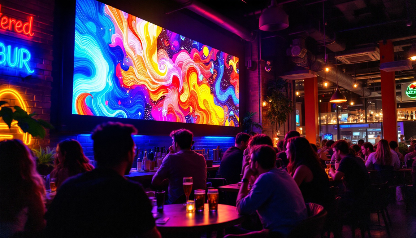 A photograph of capture a photograph of the altered brewing company's vibrant led display in action