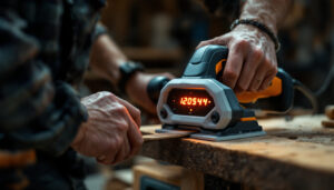 A photograph of a portable electric hand planer in action