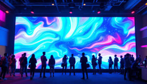 A photograph of a vibrant media wall featuring a dynamic led display in an engaging environment