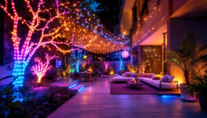 A photograph of an inviting outdoor space adorned with vibrant and creative led displays