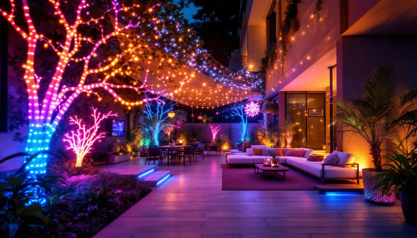 A photograph of an inviting outdoor space adorned with vibrant and creative led displays