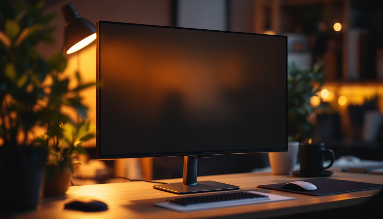 A photograph of a sleek 27-inch monitor with a privacy screen in a well-lit workspace
